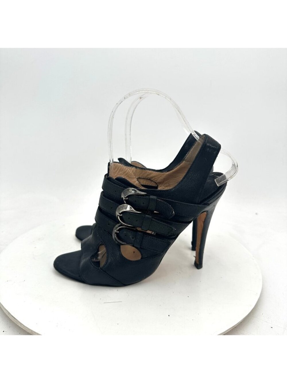 Manolo Blahnik Women EU 36 Black Leather Strappy Peep-Toe Stiletto Sandals